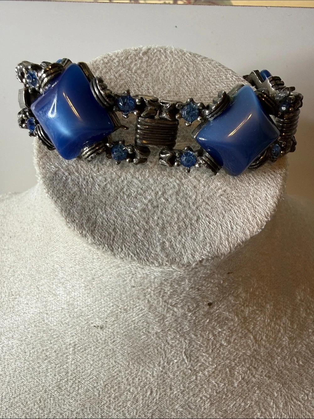 Blue diamond shape moonglow rhinestone chunky gunmetal Vintage Bracelet art deco
